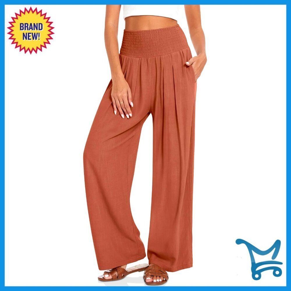 Linen Palazzo Pants Wide Leg High Waisted Lounge Casual Beach with Pockets